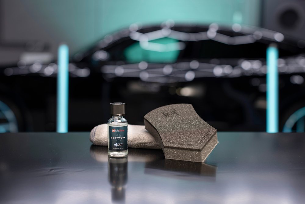 LifeShine product and applicator pad in a detailing studio